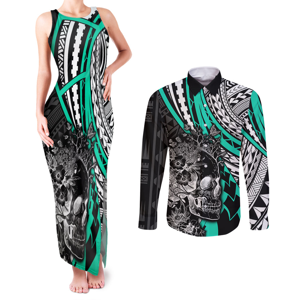 Personalised Polynesia Skull Couples Matching Tank Maxi Dress and Long Sleeve Button Shirts Tattoo In The Style Of Maori With Marine Life Aqua LT9 Aqua - Polynesian Pride