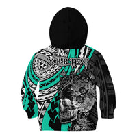 Personalised Polynesia Skull Kid Hoodie Tattoo In The Style Of Maori With Marine Life Aqua LT9 - Polynesian Pride