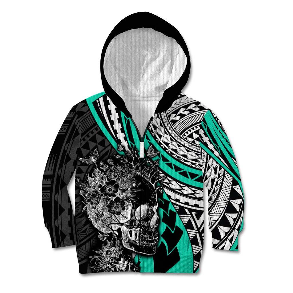 Personalised Polynesia Skull Kid Hoodie Tattoo In The Style Of Maori With Marine Life Aqua LT9 Zip Hoodie Aqua - Polynesian Pride