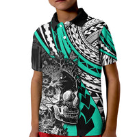 Personalised Polynesia Skull Kid Polo Shirt Tattoo In The Style Of Maori With Marine Life Aqua LT9 Kid Aqua - Polynesian Pride