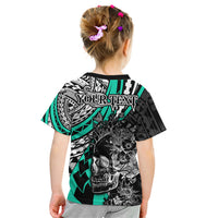 Personalised Polynesia Skull Kid T Shirt Tattoo In The Style Of Maori With Marine Life Aqua LT9 - Polynesian Pride
