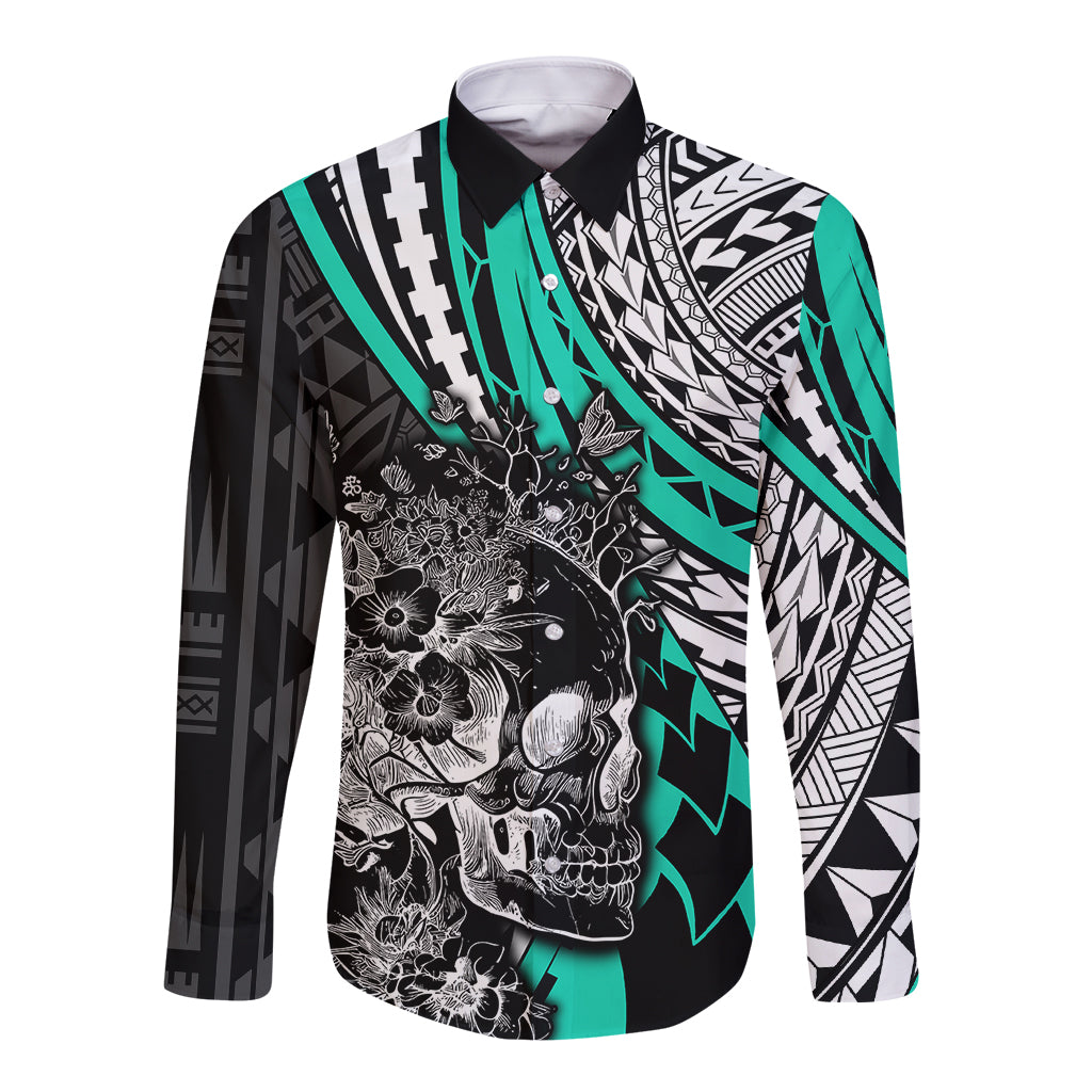 Personalised Polynesia Skull Long Sleeve Button Shirt Tattoo In The Style Of Maori With Marine Life Aqua LT9 Unisex Aqua - Polynesian Pride