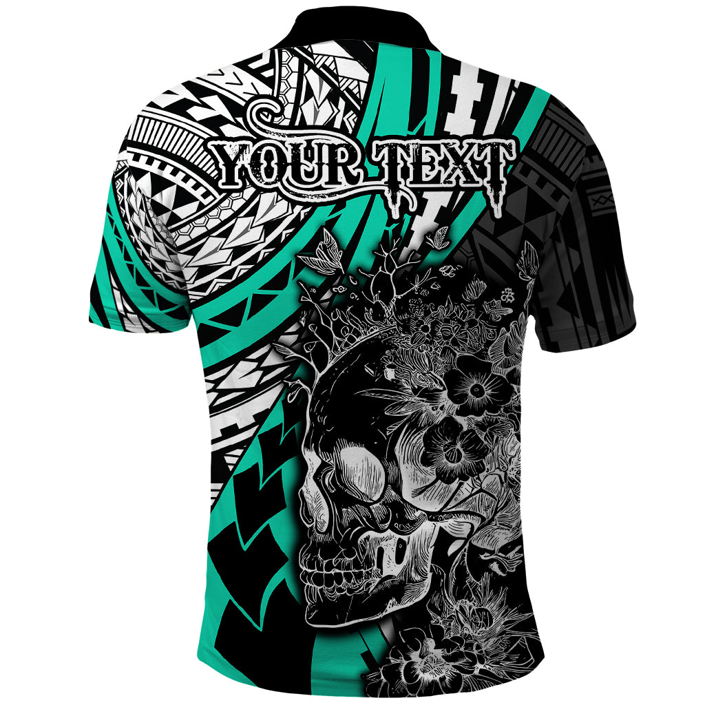 Personalised Polynesia Skull Polo Shirt Tattoo In The Style Of Maori With Marine Life Aqua LT9 - Polynesian Pride