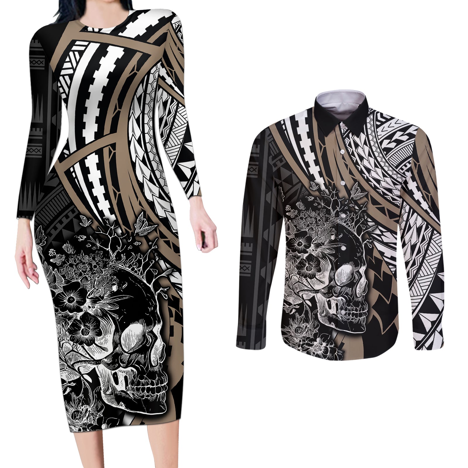 Personalised Polynesia Skull Couples Matching Long Sleeve Bodycon Dress and Long Sleeve Button Shirts Tattoo In The Style Of Maori With Marine Life Gold LT9 Gold - Polynesian Pride
