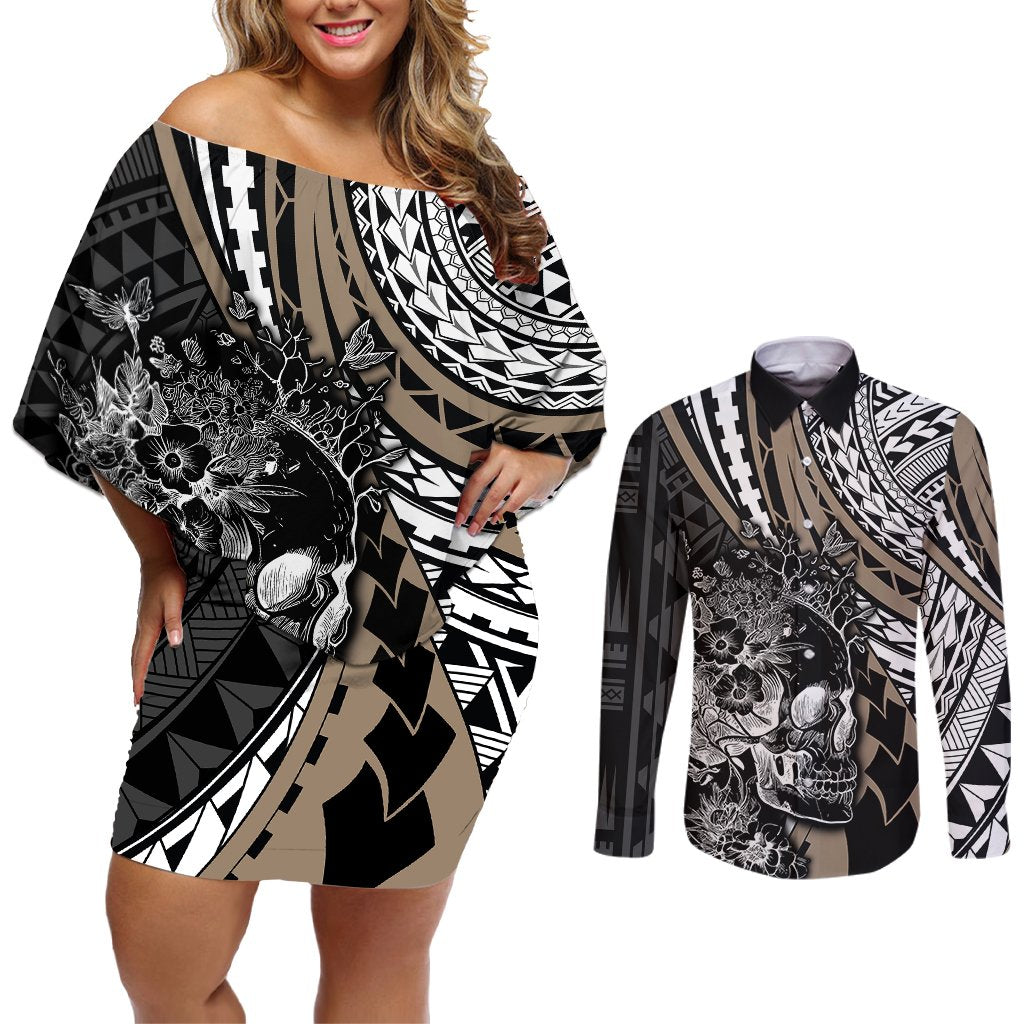 Personalised Polynesia Skull Couples Matching Off Shoulder Short Dress and Long Sleeve Button Shirts Tattoo In The Style Of Maori With Marine Life Gold LT9 Gold - Polynesian Pride