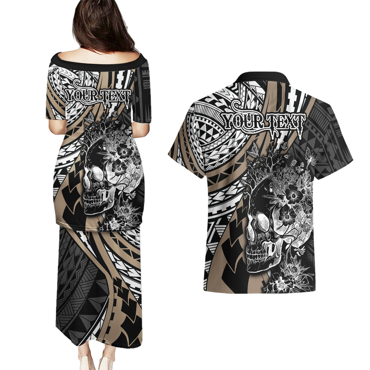 personalised-polynesia-skull-couples-matching-puletasi-dress-and-hawaiian-shirt-tattoo-in-the-style-of-maori-with-marine-life-gold
