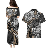 personalised-polynesia-skull-couples-matching-puletasi-dress-and-hawaiian-shirt-tattoo-in-the-style-of-maori-with-marine-life-gold