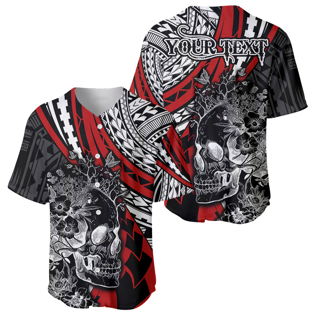 Personalised Polynesia Skull Baseball Jersey Tattoo In The Style Of Maori With Marine Life Red LT9 - Polynesian Pride