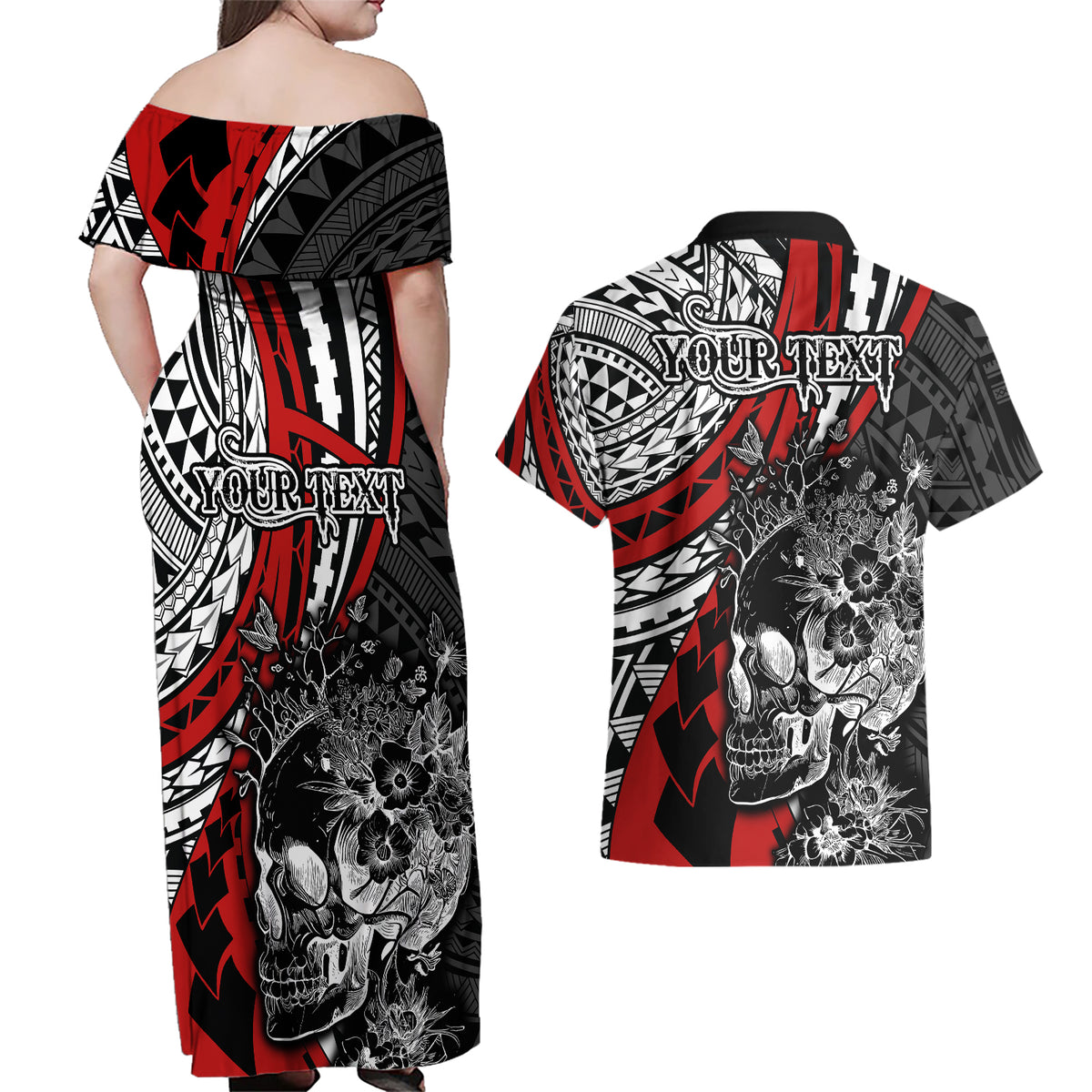 personalised-polynesia-skull-couples-matching-off-shoulder-maxi-dress-and-hawaiian-shirt-tattoo-in-the-style-of-maori-with-marine-life-red