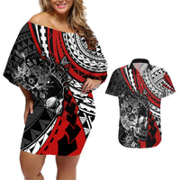 personalised-polynesia-skull-couples-matching-off-shoulder-short-dress-and-hawaiian-shirt-tattoo-in-the-style-of-maori-with-marine-life-red