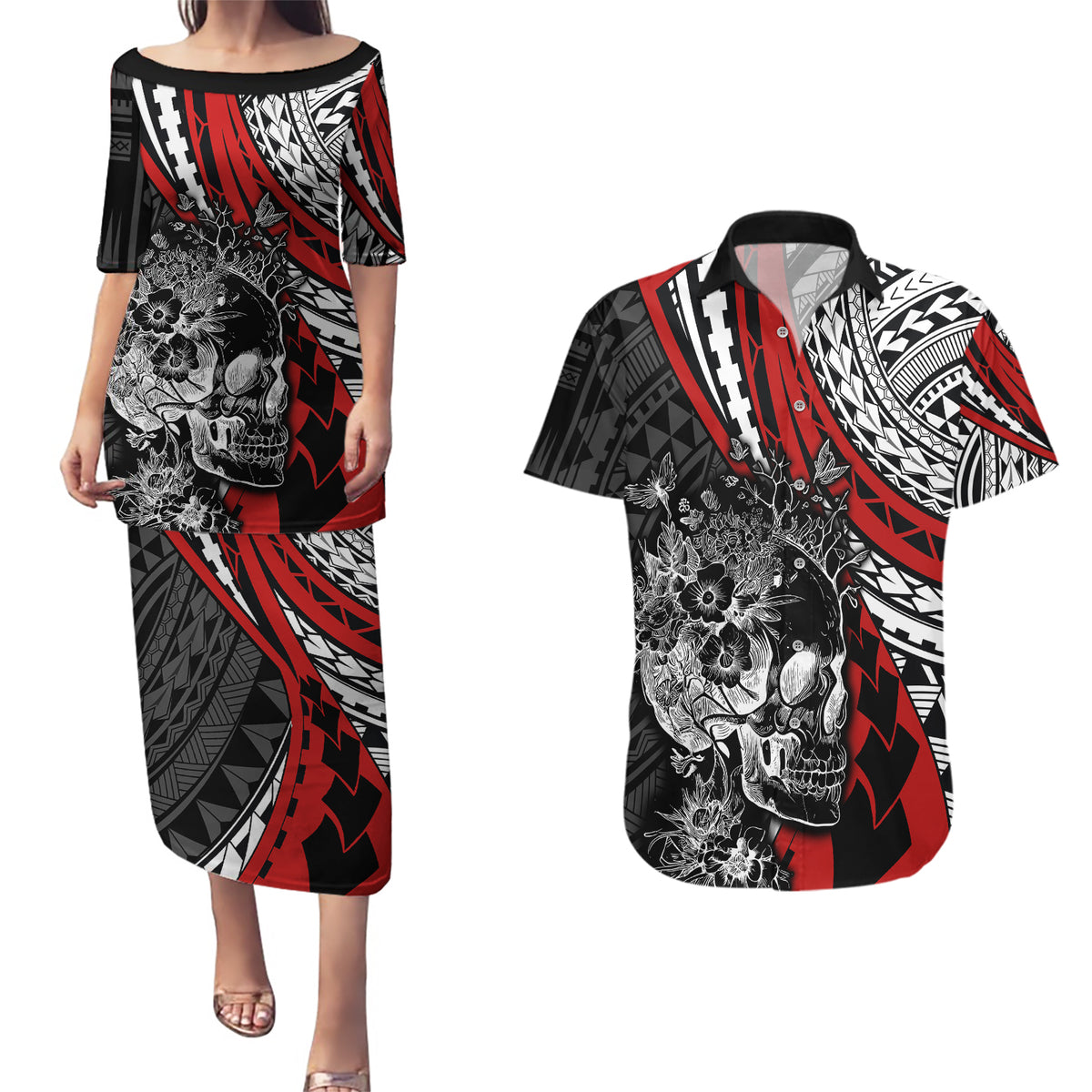 personalised-polynesia-skull-couples-matching-puletasi-dress-and-hawaiian-shirt-tattoo-in-the-style-of-maori-with-marine-life-red