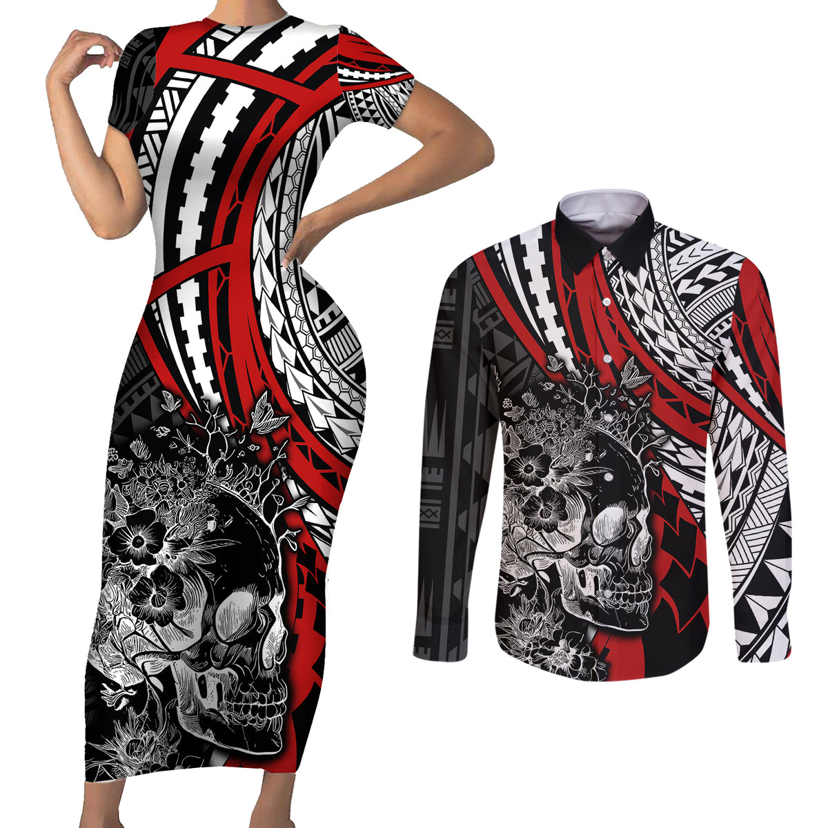 personalised-polynesia-skull-couples-matching-short-sleeve-bodycon-dress-and-long-sleeve-button-shirts-tattoo-in-the-style-of-maori-with-marine-life-red
