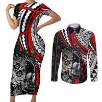 personalised-polynesia-skull-couples-matching-short-sleeve-bodycon-dress-and-long-sleeve-button-shirts-tattoo-in-the-style-of-maori-with-marine-life-red