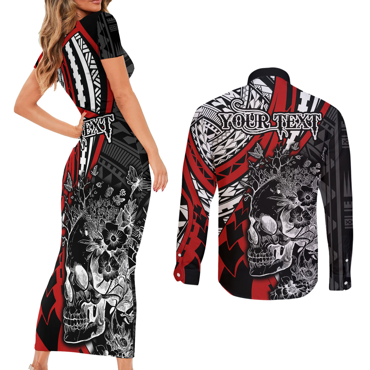 personalised-polynesia-skull-couples-matching-short-sleeve-bodycon-dress-and-long-sleeve-button-shirts-tattoo-in-the-style-of-maori-with-marine-life-red