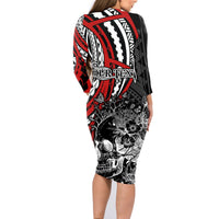 personalised-polynesia-skull-family-matching-long-sleeve-bodycon-dress-and-hawaiian-shirt-tattoo-in-the-style-of-maori-with-marine-life-red