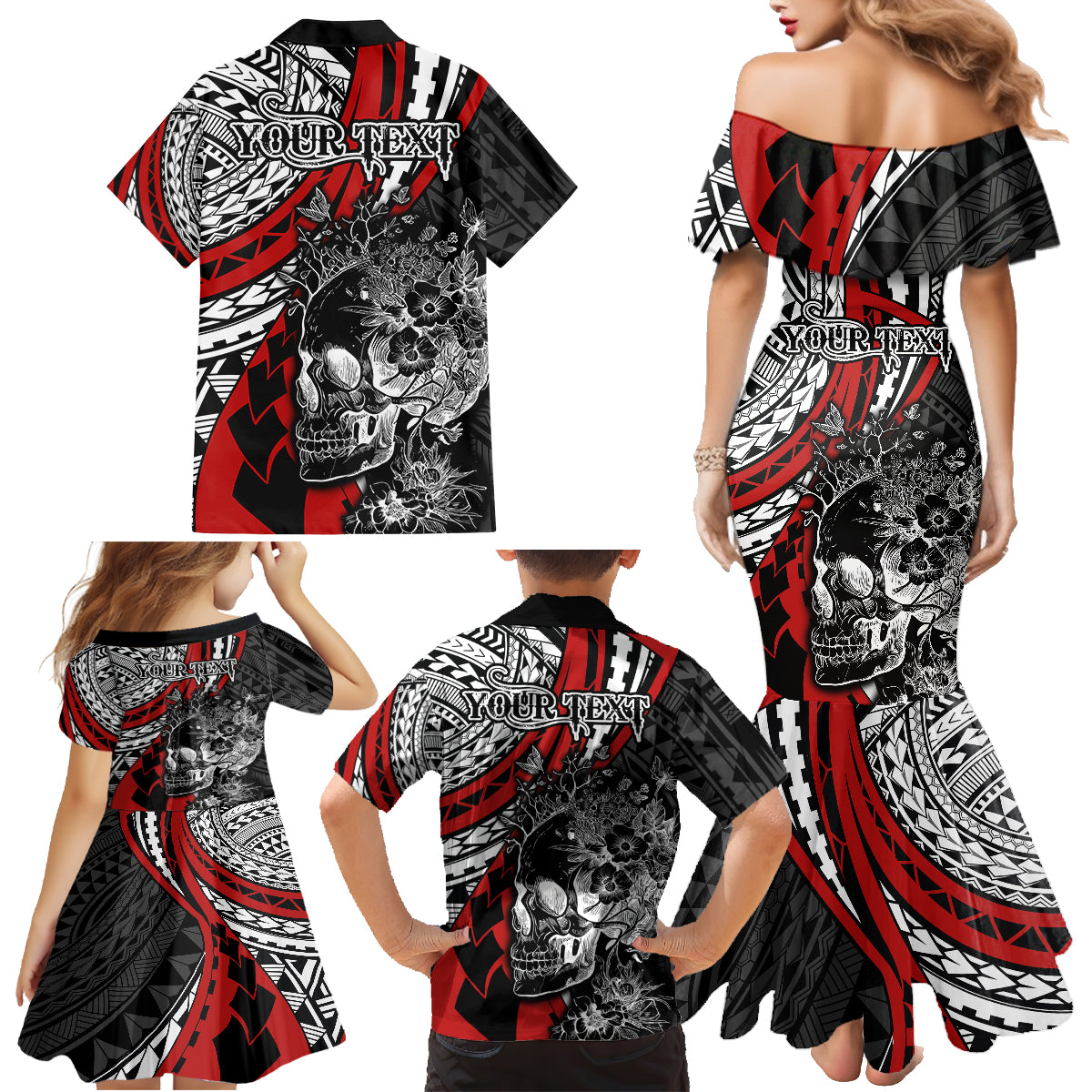 personalised-polynesia-skull-family-matching-mermaid-dress-and-hawaiian-shirt-tattoo-in-the-style-of-maori-with-marine-life-red