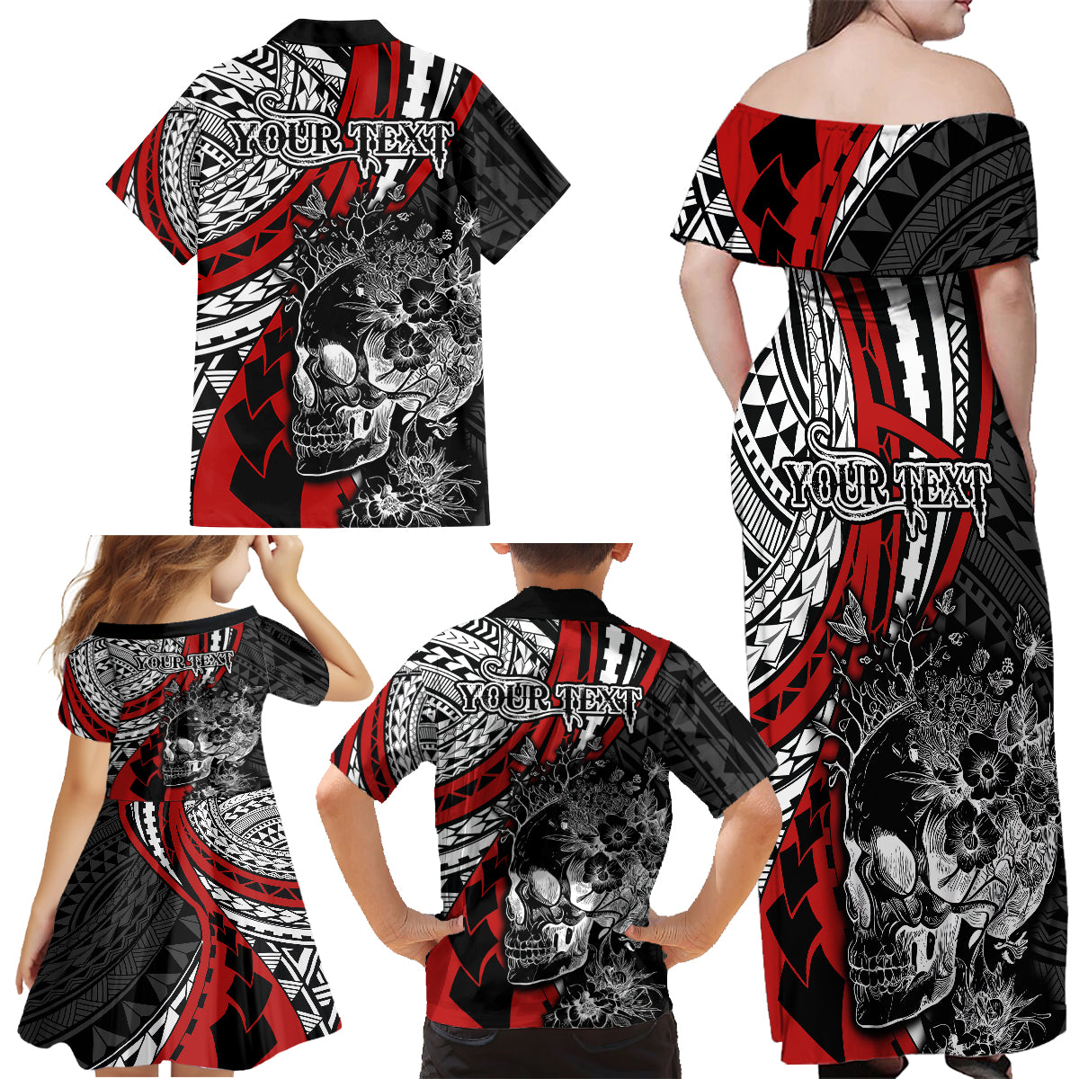 personalised-polynesia-skull-family-matching-off-shoulder-maxi-dress-and-hawaiian-shirt-tattoo-in-the-style-of-maori-with-marine-life-red