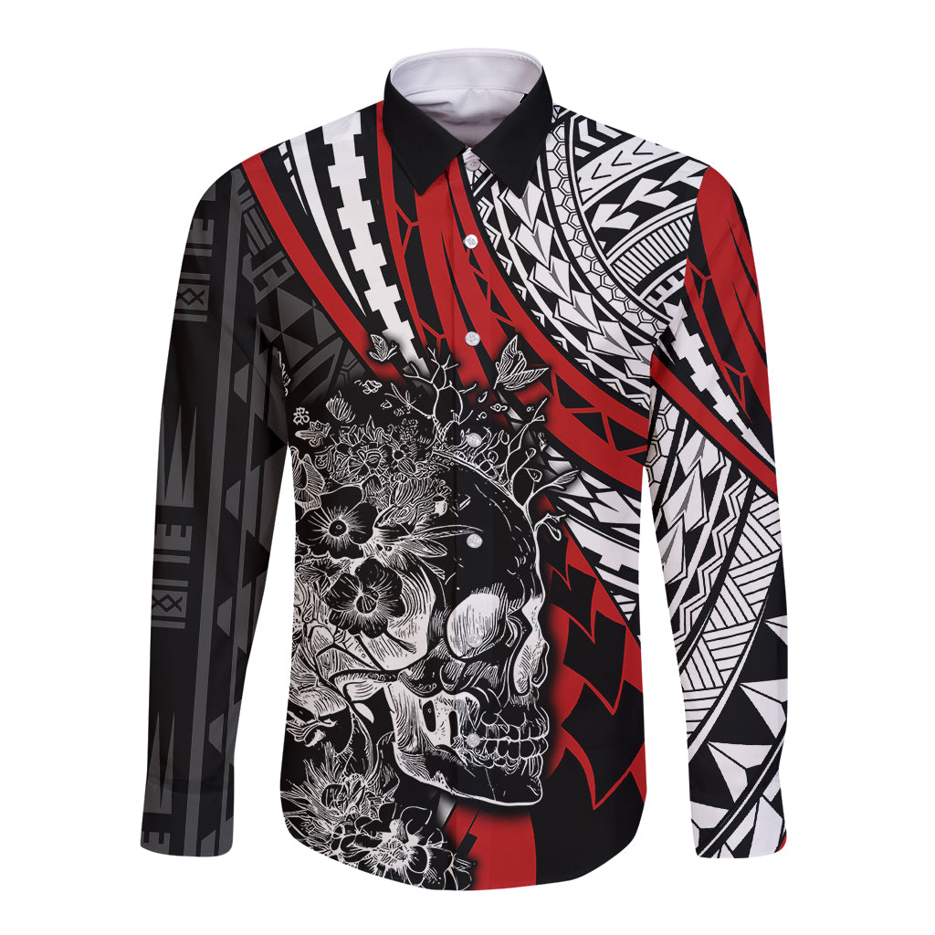 Personalised Polynesia Skull Long Sleeve Button Shirt Tattoo In The Style Of Maori With Marine Life Red LT9 Unisex Red - Polynesian Pride