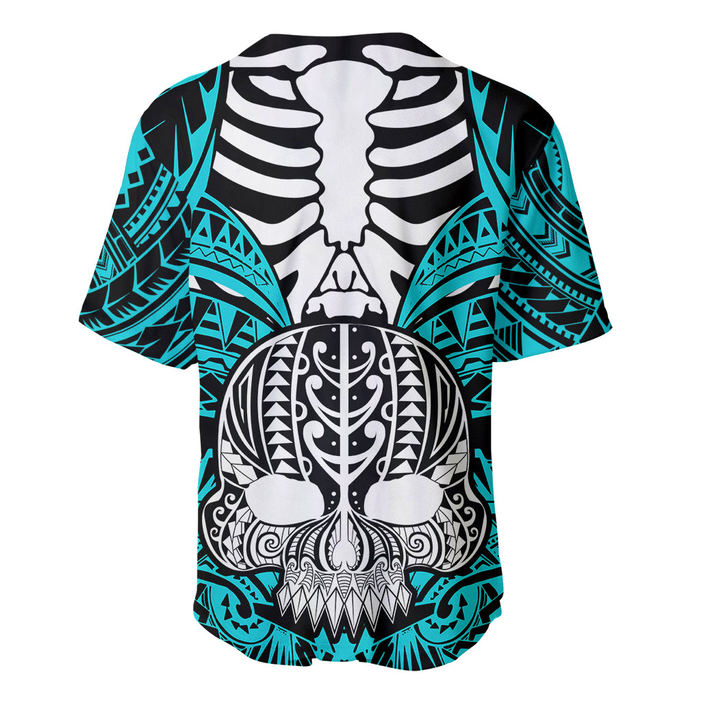 Personalised Polynesia Skull Baseball Jersey With Boars Tusk Aqua Arty Vibe LT9 - Polynesian Pride