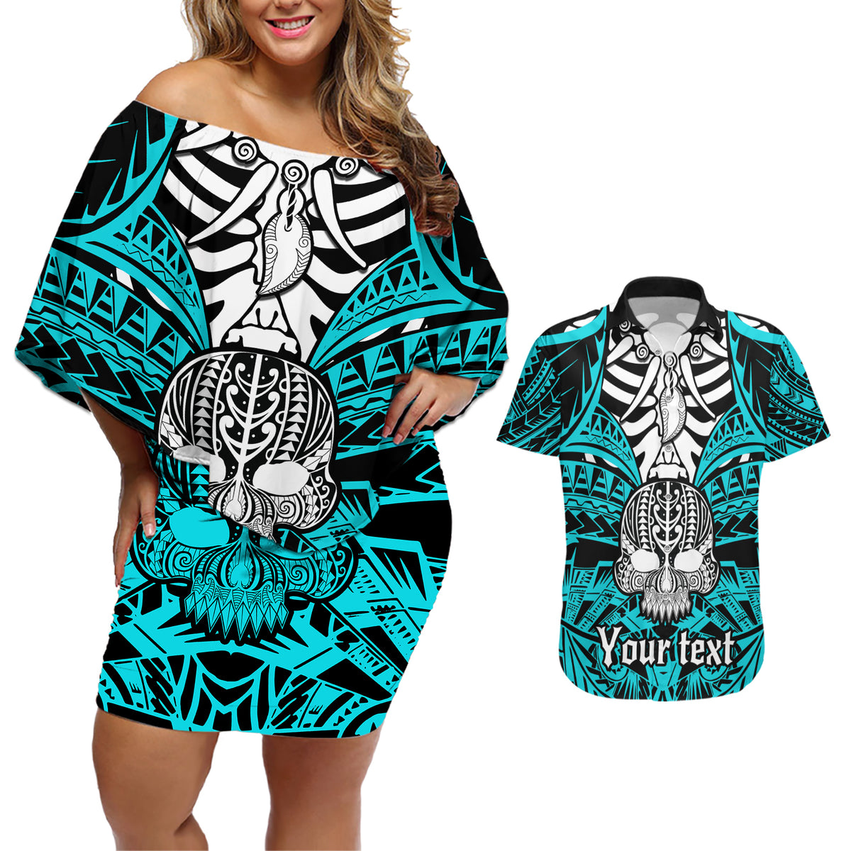 personalised-polynesia-skull-couples-matching-off-shoulder-short-dress-and-hawaiian-shirt-with-boars-tusk-aqua-arty-vibe