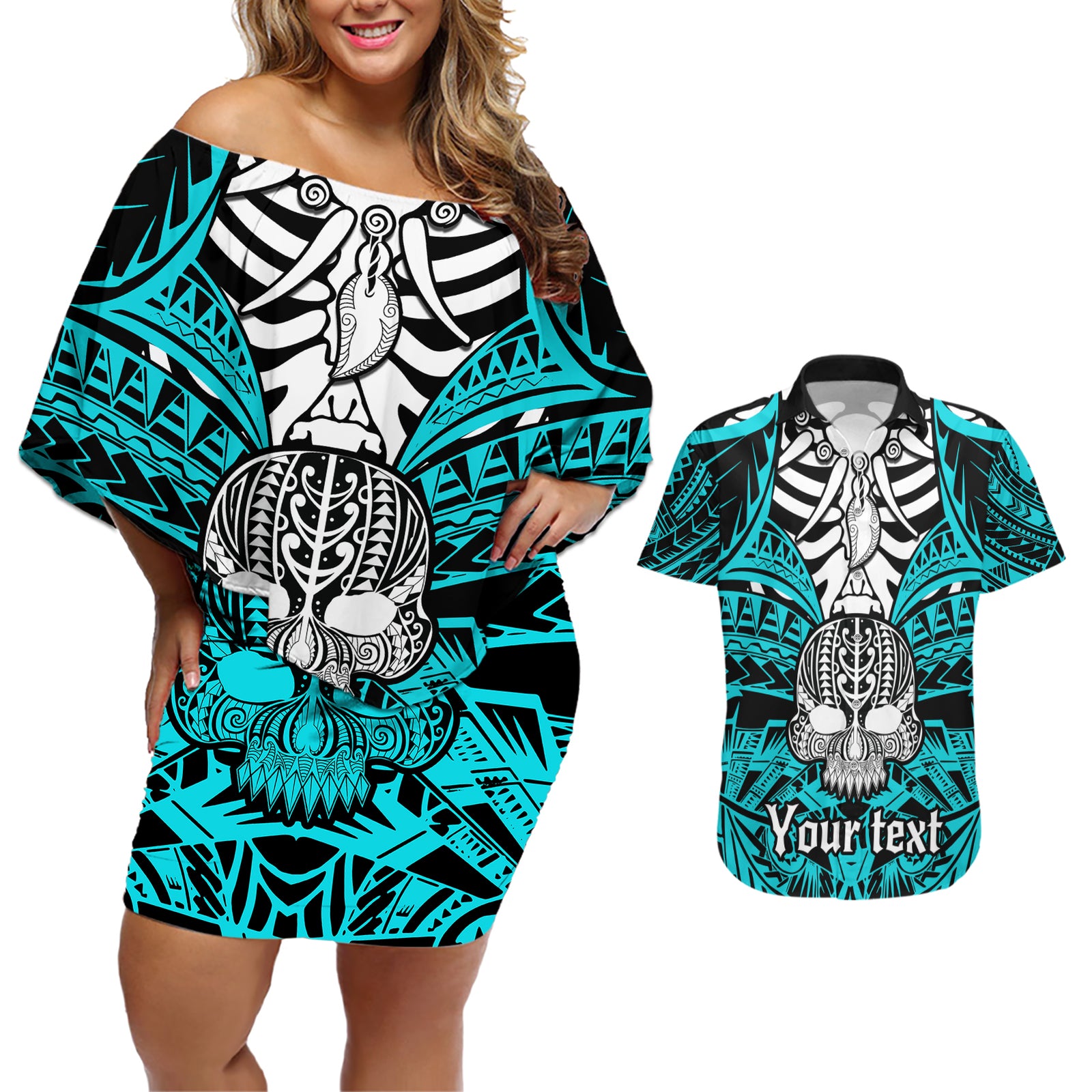 personalised-polynesia-skull-couples-matching-off-shoulder-short-dress-and-hawaiian-shirt-with-boars-tusk-aqua-arty-vibe