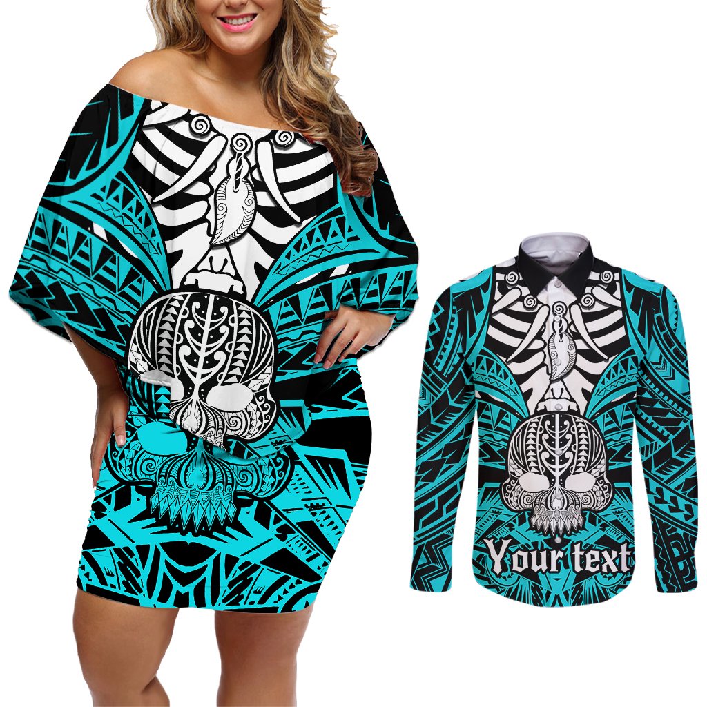 Personalised Polynesia Skull Couples Matching Off Shoulder Short Dress and Long Sleeve Button Shirts With Boars Tusk Aqua Arty Vibe LT9 Aqua - Polynesian Pride