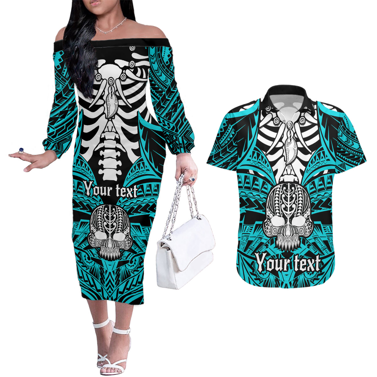 personalised-polynesia-skull-couples-matching-off-the-shoulder-long-sleeve-dress-and-hawaiian-shirt-with-boars-tusk-aqua-arty-vibe