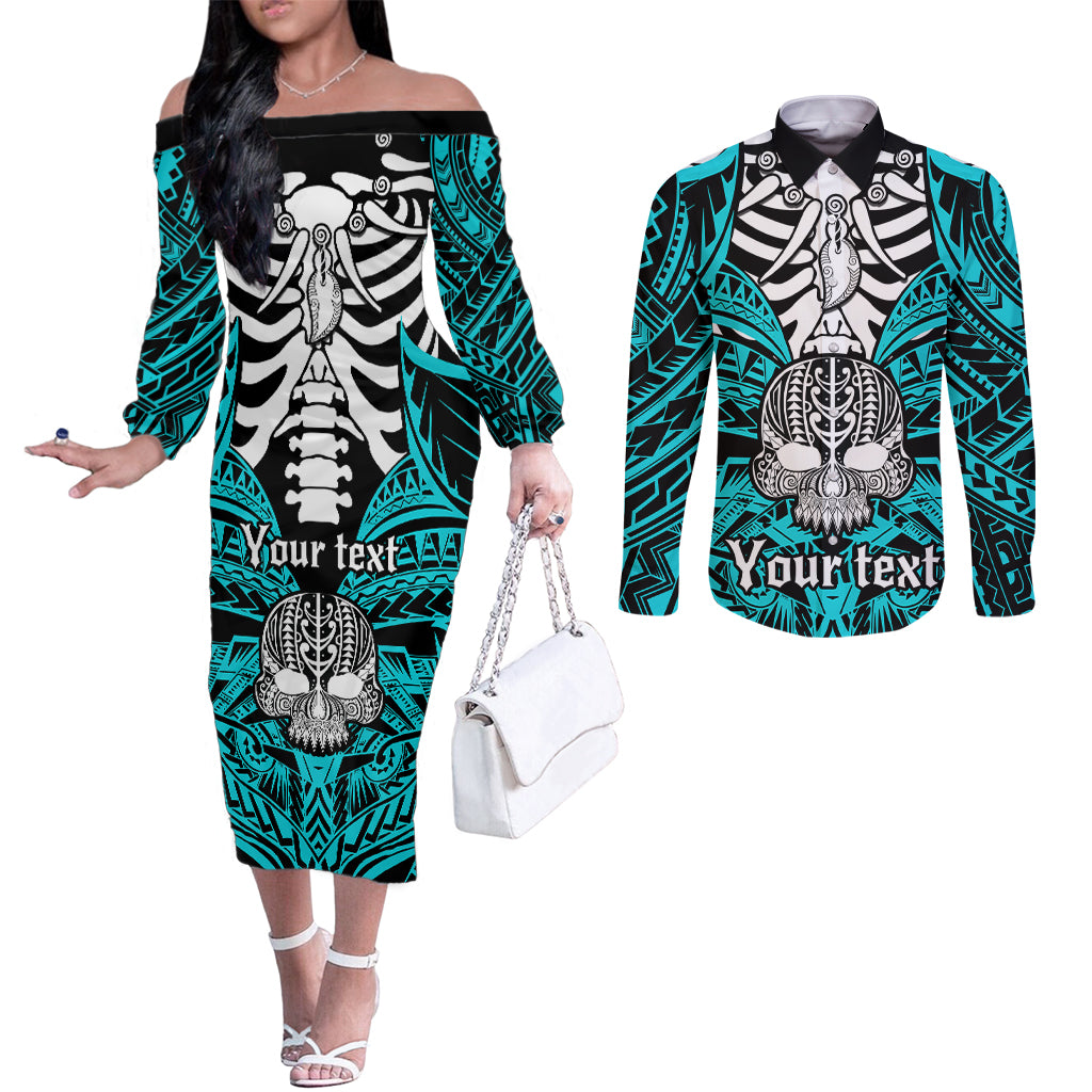 Personalised Polynesia Skull Couples Matching Off The Shoulder Long Sleeve Dress and Long Sleeve Button Shirts With Boars Tusk Aqua Arty Vibe LT9 Aqua - Polynesian Pride