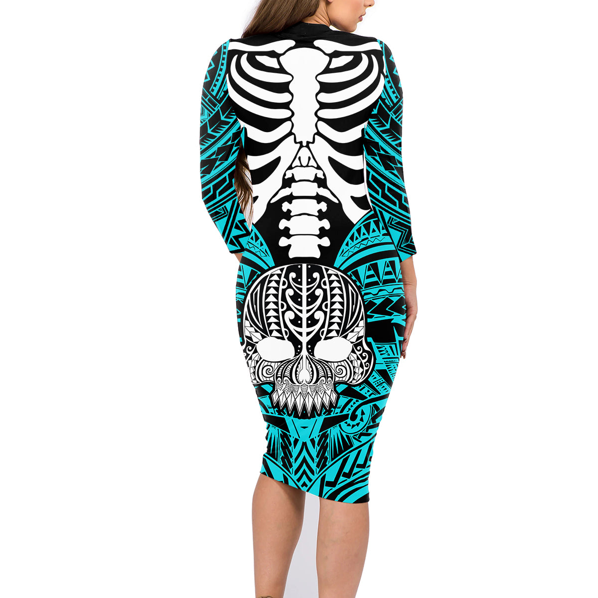 personalised-polynesia-skull-family-matching-long-sleeve-bodycon-dress-and-hawaiian-shirt-with-boars-tusk-aqua-arty-vibe