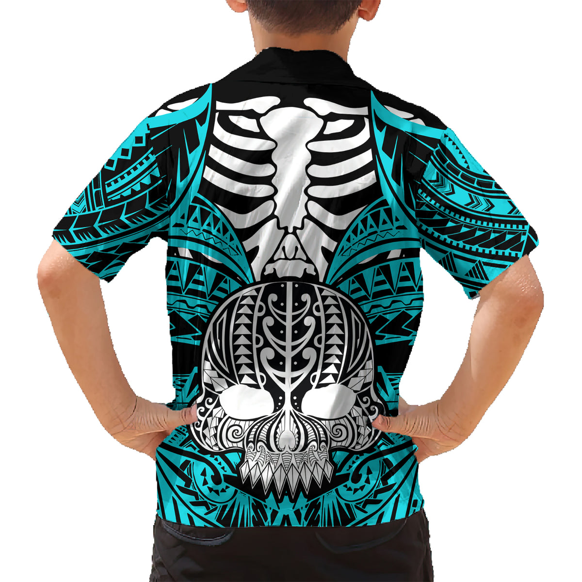 personalised-polynesia-skull-kid-hawaiian-shirt-with-boars-tusk-aqua-arty-vibe