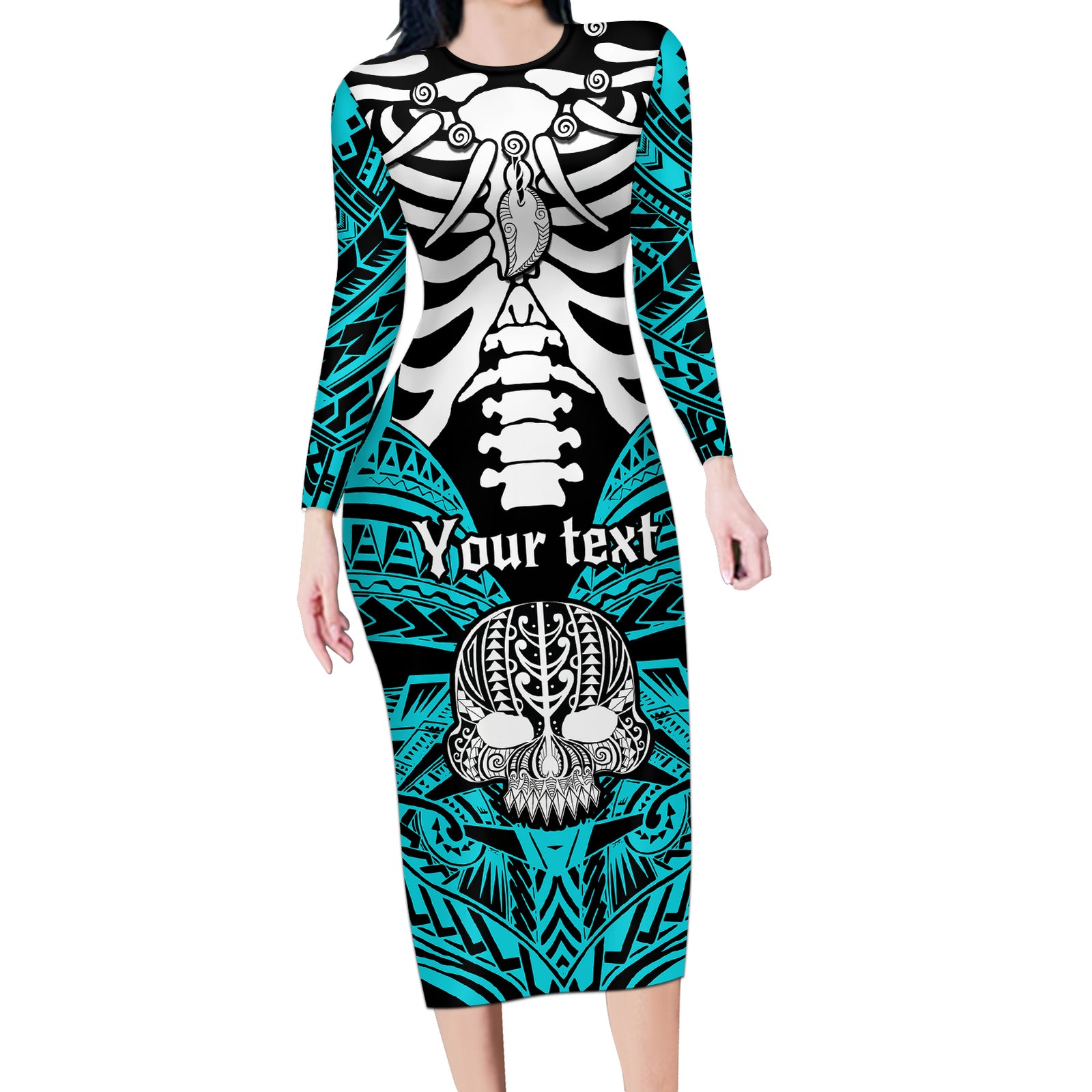 Personalised Polynesia Skull Long Sleeve Bodycon Dress With Boars Tusk Aqua Arty Vibe LT9 Long Dress Aqua - Polynesian Pride
