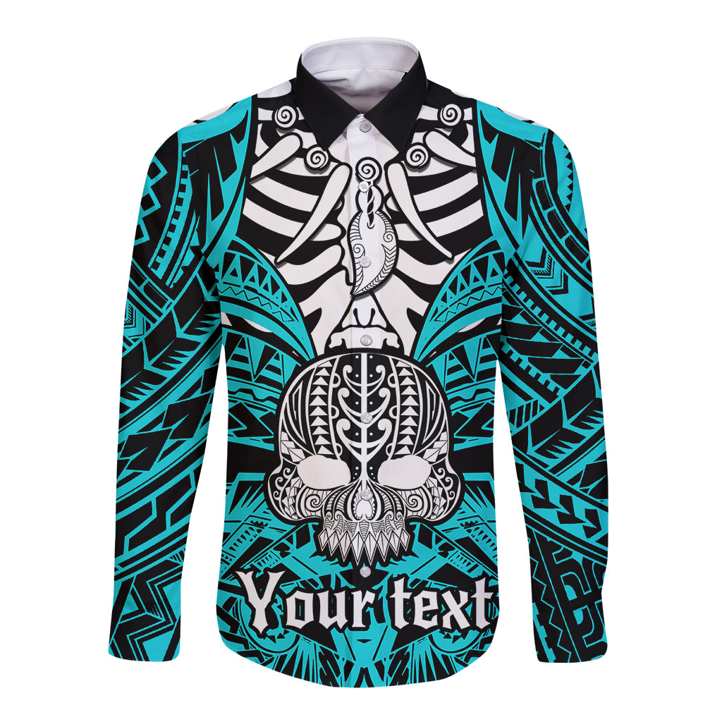 Personalised Polynesia Skull Long Sleeve Button Shirt With Boars Tusk Aqua Arty Vibe LT9 Unisex Aqua - Polynesian Pride