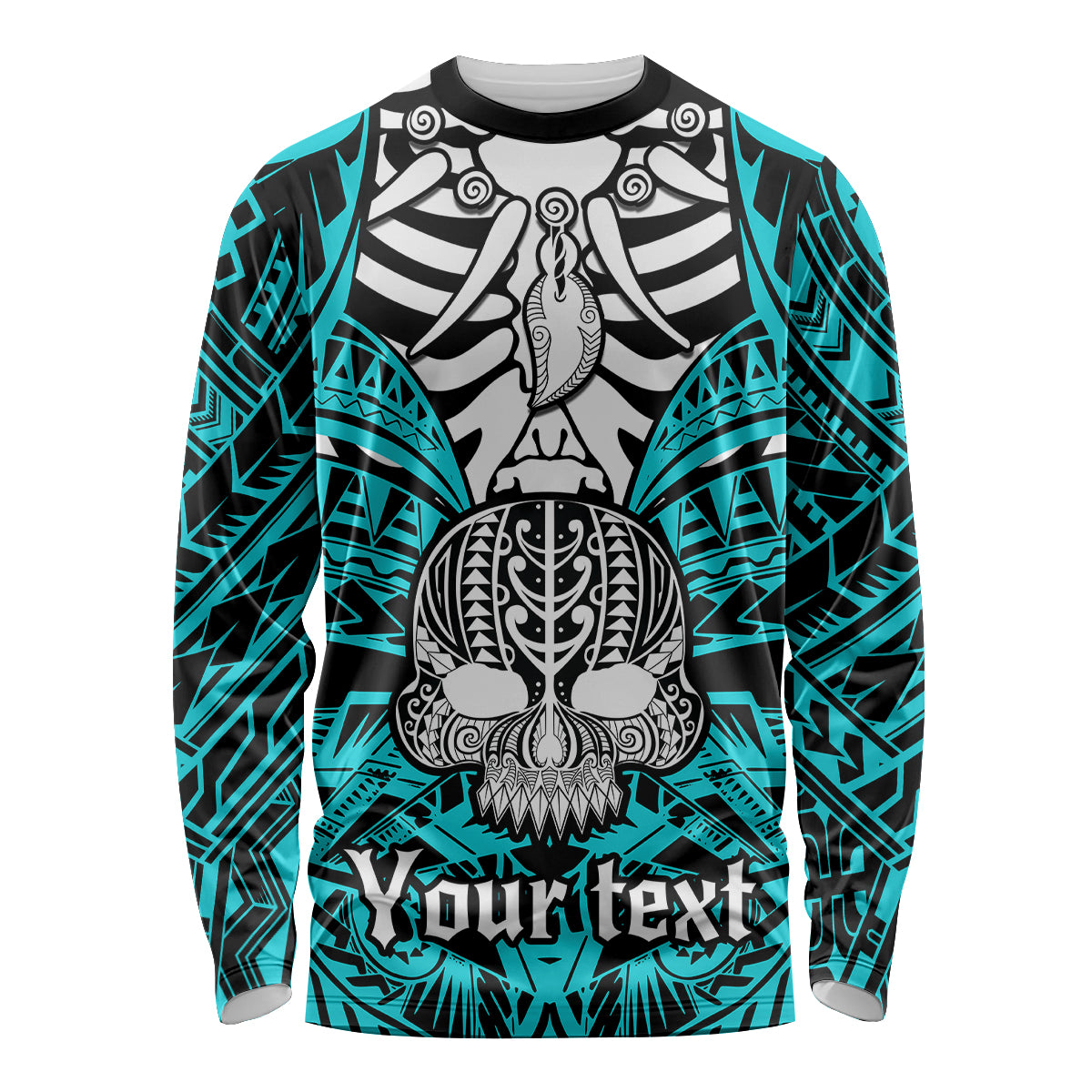 Personalised Polynesia Skull Long Sleeve Shirt With Boars Tusk Aqua Arty Vibe LT9 Unisex Aqua - Polynesian Pride
