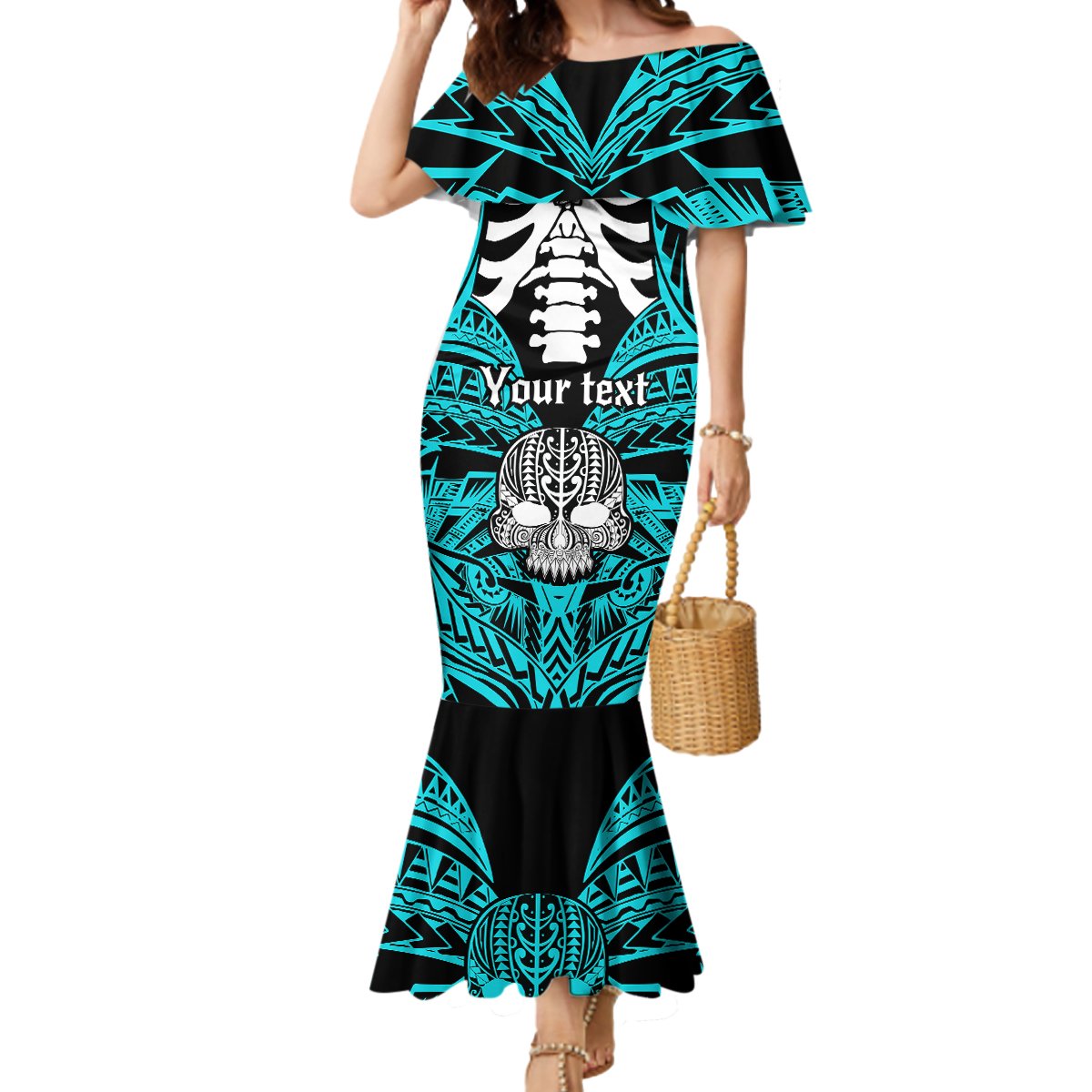 Personalised Polynesia Skull Mermaid Dress With Boars Tusk Aqua Arty Vibe LT9 Women Aqua - Polynesian Pride