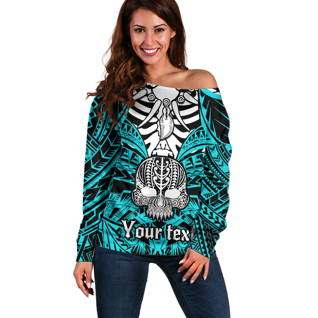 Personalised Polynesia Skull Off Shoulder Sweater With Boars Tusk Aqua Arty Vibe LT9 Women Aqua - Polynesian Pride