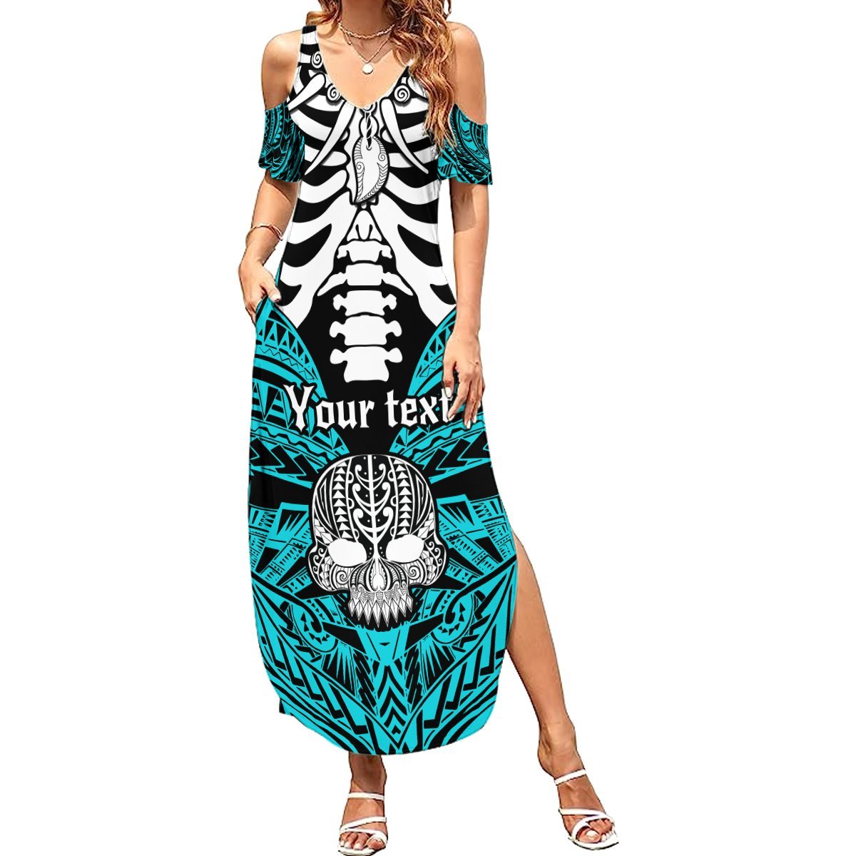 Personalised Polynesia Skull Summer Maxi Dress With Boars Tusk Aqua Arty Vibe LT9 Women Aqua - Polynesian Pride