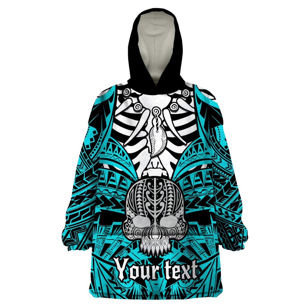 Personalised Polynesia Skull Wearable Blanket Hoodie With Boars Tusk Aqua Arty Vibe LT9 One Size Aqua - Polynesian Pride