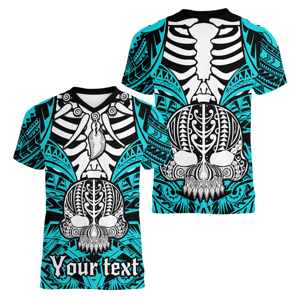 personalised-polynesia-skull-women-v-neck-t-shirt-with-boars-tusk-aqua-arty-vibe