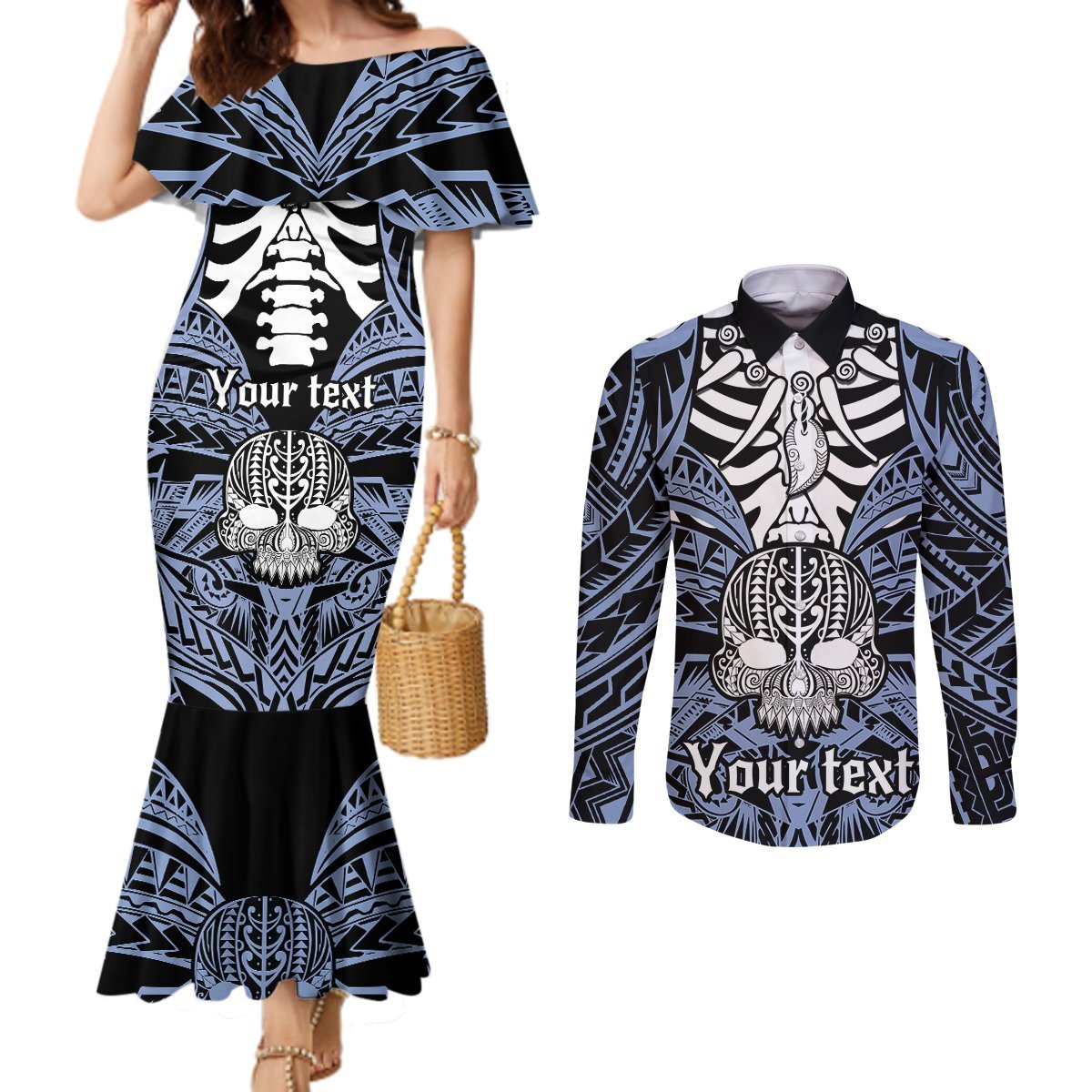 Personalised Polynesia Skull Couples Matching Mermaid Dress and Long Sleeve Button Shirts With Boars Tusk Blue Arty Vibe LT9 Blue - Polynesian Pride