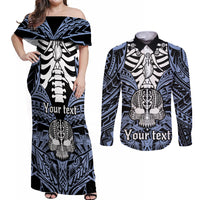 Personalised Polynesia Skull Couples Matching Off Shoulder Maxi Dress and Long Sleeve Button Shirts With Boars Tusk Blue Arty Vibe LT9 Blue - Polynesian Pride