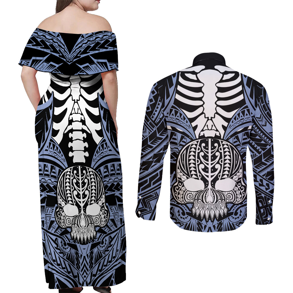 Personalised Polynesia Skull Couples Matching Off Shoulder Maxi Dress and Long Sleeve Button Shirts With Boars Tusk Blue Arty Vibe LT9 - Polynesian Pride
