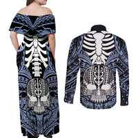 Personalised Polynesia Skull Couples Matching Off Shoulder Maxi Dress and Long Sleeve Button Shirts With Boars Tusk Blue Arty Vibe LT9 - Polynesian Pride