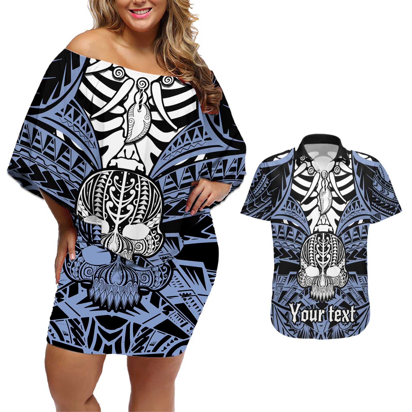 personalised-polynesia-skull-couples-matching-off-shoulder-short-dress-and-hawaiian-shirt-with-boars-tusk-blue-arty-vibe
