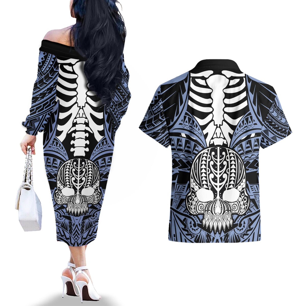 personalised-polynesia-skull-couples-matching-off-the-shoulder-long-sleeve-dress-and-hawaiian-shirt-with-boars-tusk-blue-arty-vibe