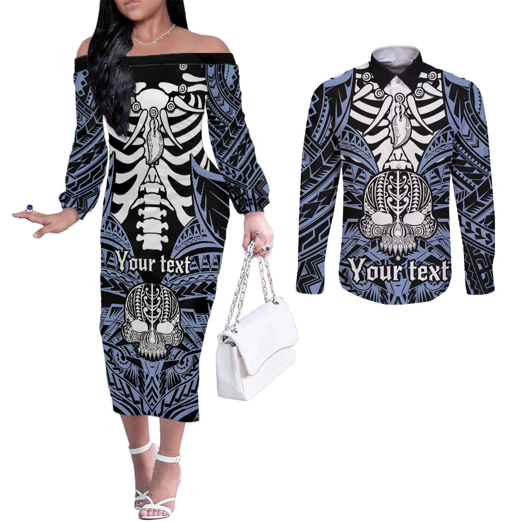 Personalised Polynesia Skull Couples Matching Off The Shoulder Long Sleeve Dress and Long Sleeve Button Shirts With Boars Tusk Blue Arty Vibe LT9 Blue - Polynesian Pride