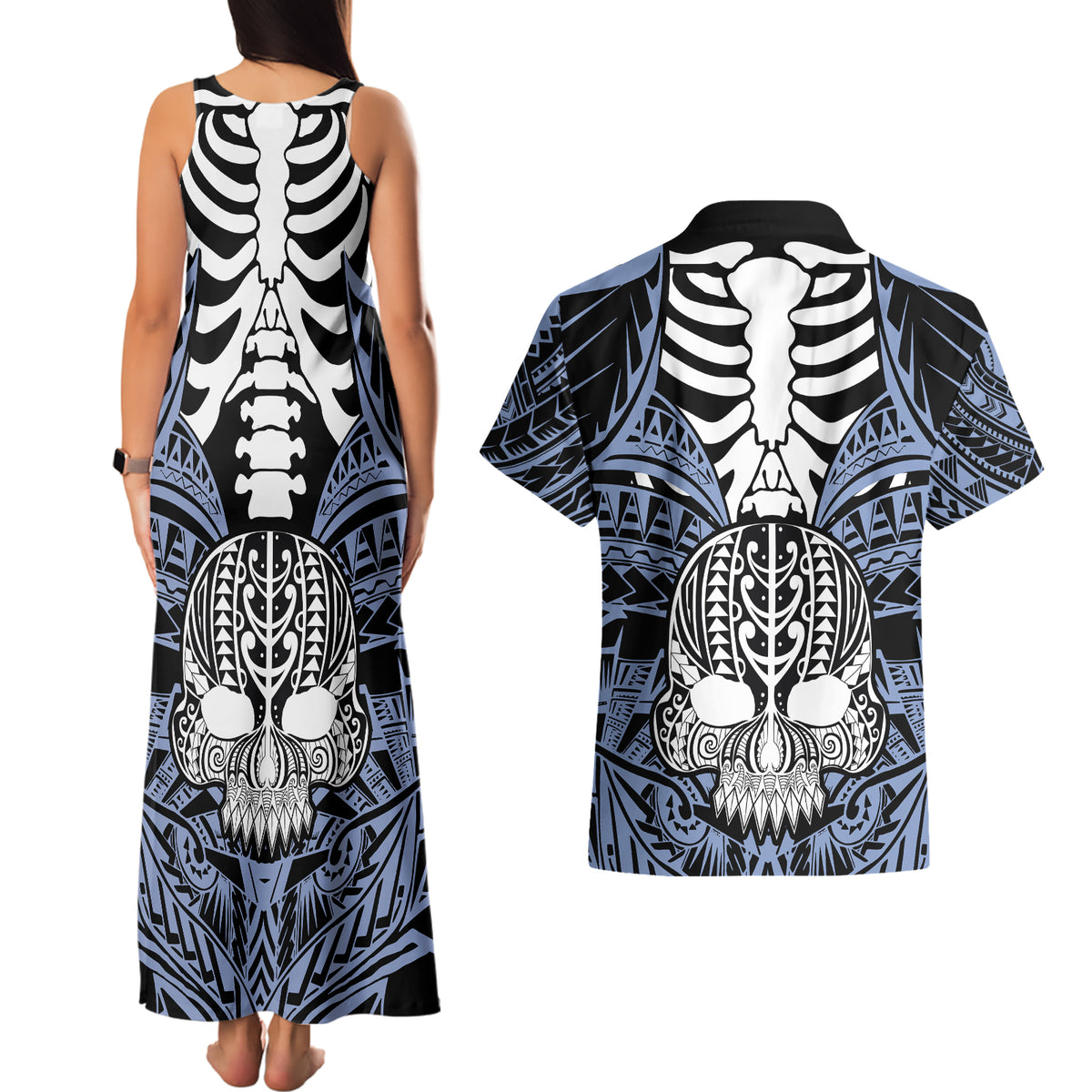 personalised-polynesia-skull-couples-matching-tank-maxi-dress-and-hawaiian-shirt-with-boars-tusk-blue-arty-vibe