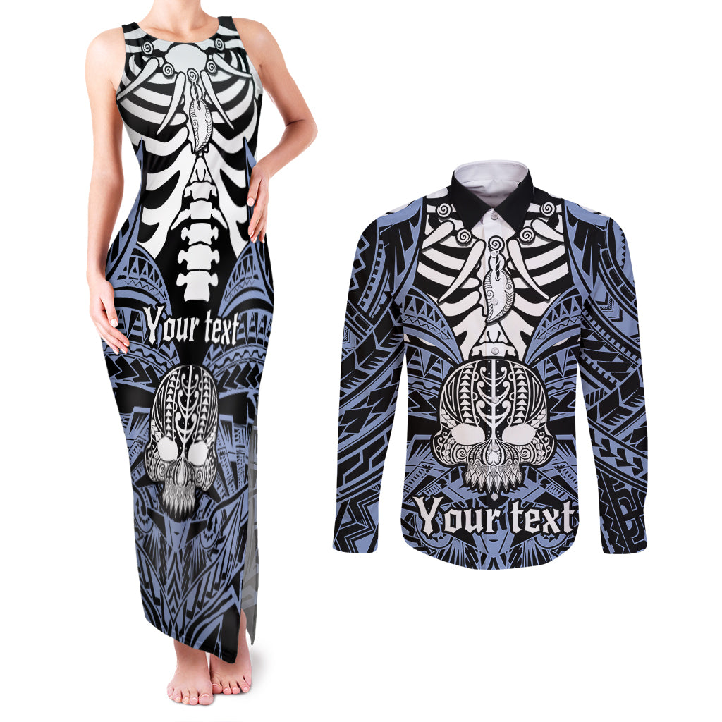 Personalised Polynesia Skull Couples Matching Tank Maxi Dress and Long Sleeve Button Shirts With Boars Tusk Blue Arty Vibe LT9 Blue - Polynesian Pride