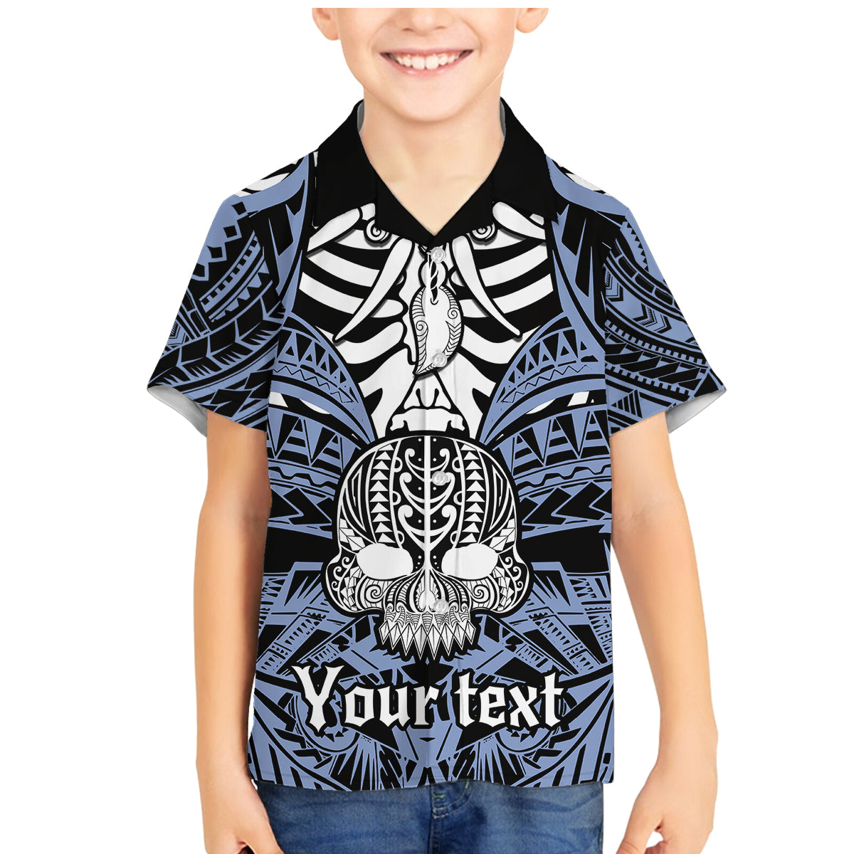 personalised-polynesia-skull-family-matching-mermaid-dress-and-hawaiian-shirt-with-boars-tusk-blue-arty-vibe