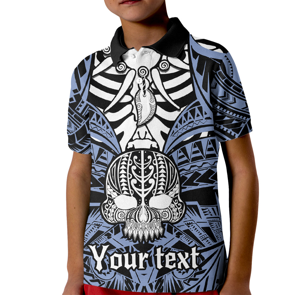 Personalised Polynesia Skull Kid Polo Shirt With Boars Tusk Blue Arty Vibe LT9 Kid Blue - Polynesian Pride