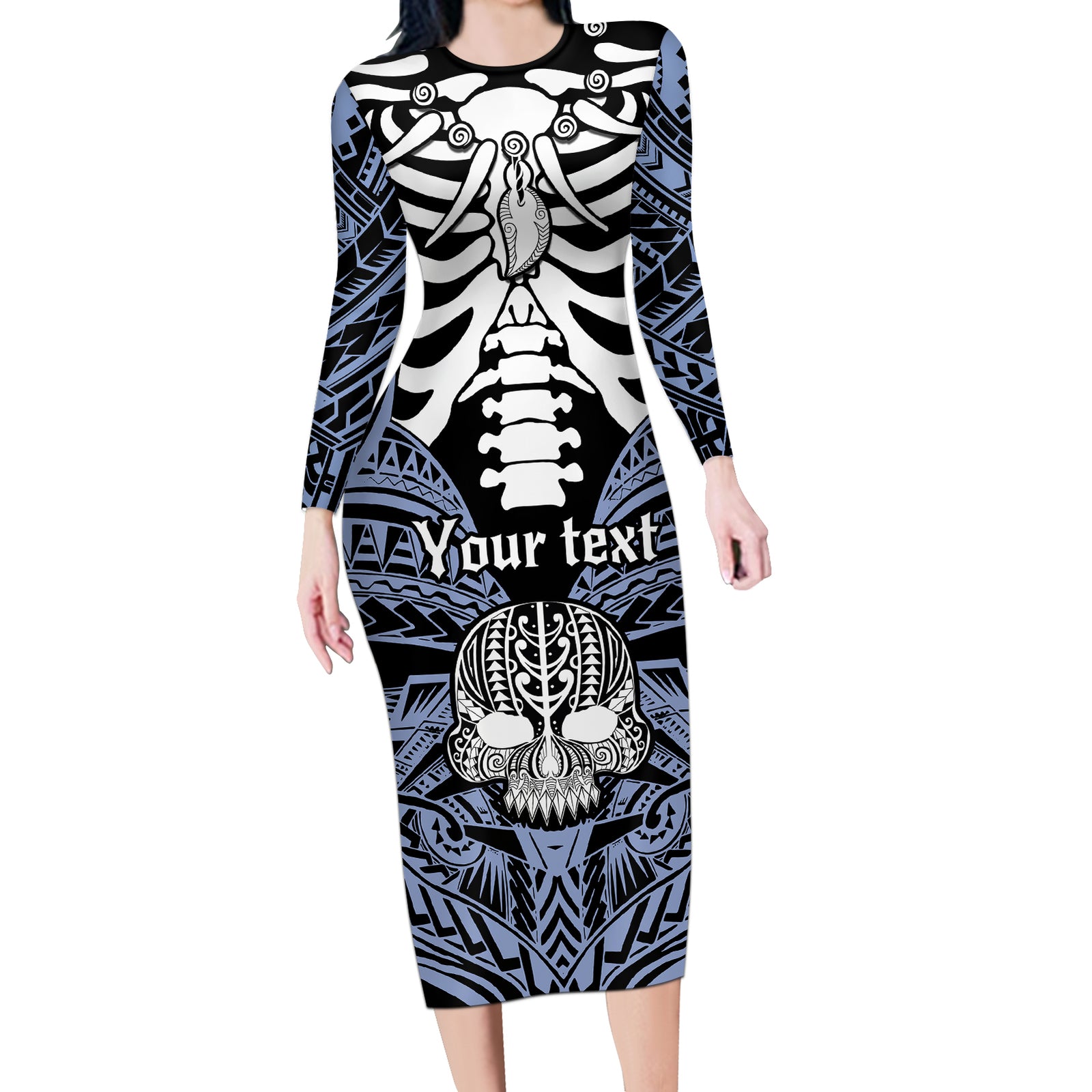 Personalised Polynesia Skull Long Sleeve Bodycon Dress With Boars Tusk Blue Arty Vibe LT9 Long Dress Blue - Polynesian Pride